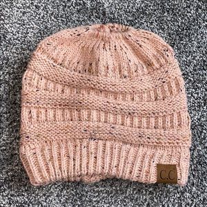 Pink messy bun beanie
